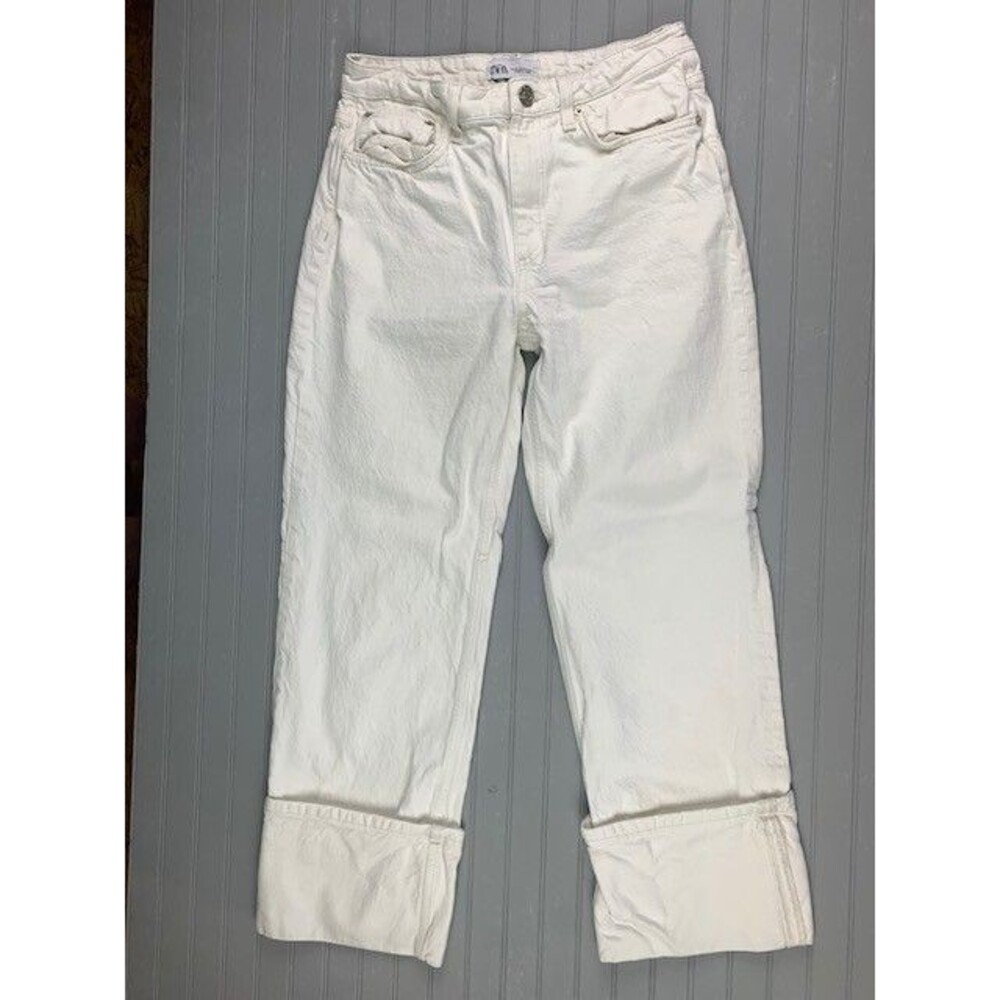 Zara Size 6 Womens Jeans White Wide Factory Cuff Mid Rise Wide Leg